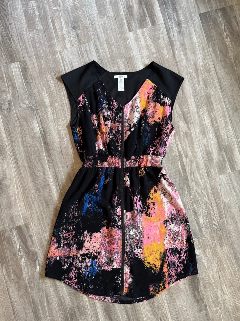 Bar III Black Mini Dress with Pink, Yellow & Blue Abstract Print